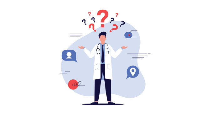 Professional male doctor in white coat feeling confused and uncertain with several red and black question marks floating above his head.