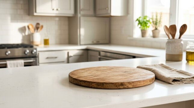Empty kitchen counter with round wooden cutting board with copy space for product placement and blurred modern bright kitchen interior, mockup for kitchen brands, home decor, food packaging and