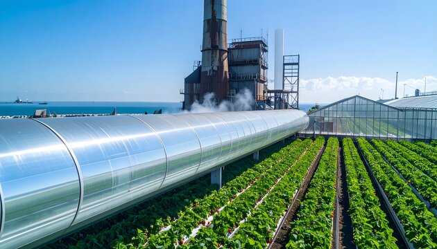 Direct Carbon Capture System: Industrial Pipeline Transporting Captured CO2 from Power Plant to Agricultural Greenhouse for Crop Growth