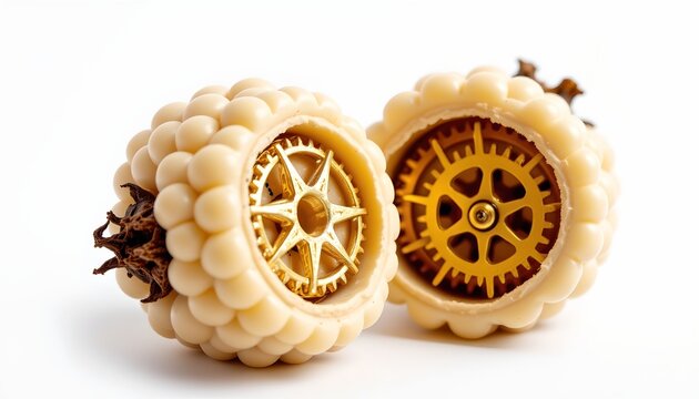 The image features two intricately designed, cream colored objects resembling pumpkins, each with a decorative mechanical gear embedded inside