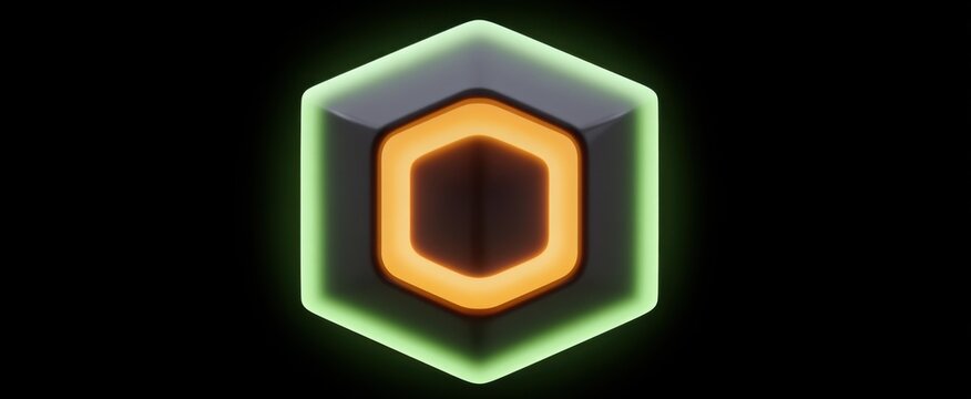 A vibrant holographic cube dances like a playful pixie in a dark green dreamscape.