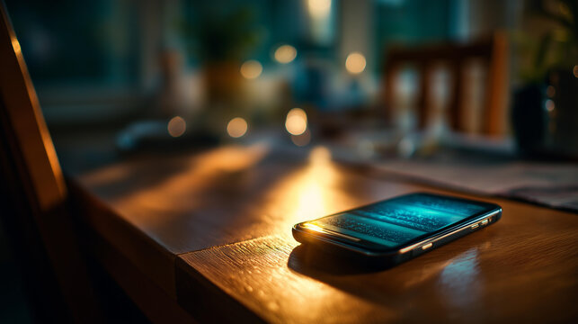 Phone with glow on a table in a dark room at night showing a notification and unread message, cinematic anticipation and anxiety