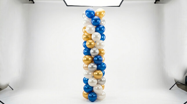 Colorful balloon spiral column for decoration in a studio setting with copy space