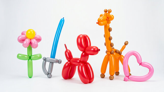 Colorful balloon twisted figures in a playful arrangement on a bright background