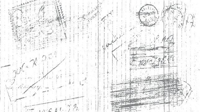 Faded grey handwritten script and stamps on lined paper with textured grunge effect vintage