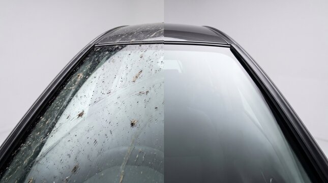 Top View of Car Windshield and Roof Half Clean Half Dirty