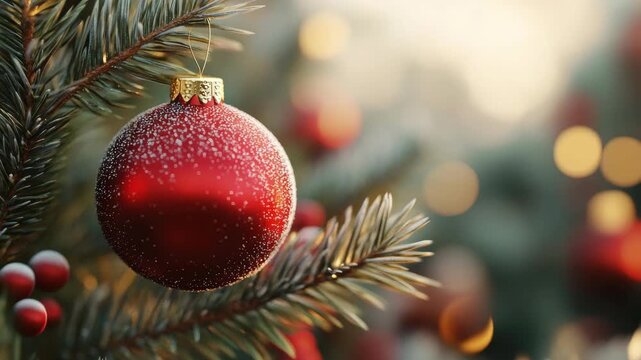 A close-up of a shiny red Christmas ornament with tiny white dots, hanging on a pine tree branch decorated with small golden balls and red ornaments, set against blurred lights in the background.