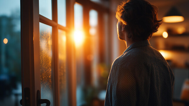 Person stands at a doorway on the threshold, back to camera hesitating between warm interior light and cool exterior light in an evening moment of emotional tension
