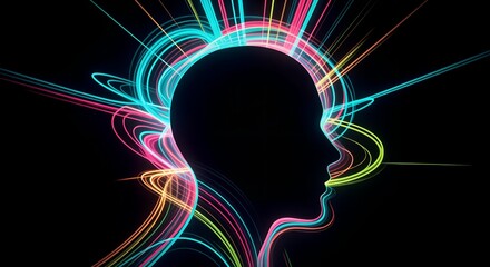 Obraz premium Neon Human Head Silhouette with Colorful Brain Energy Lines