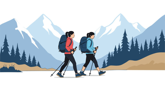 Two female hikers with backpacks and trekking poles walking along a mountain path with snow-covered peaks and pine forests in background.