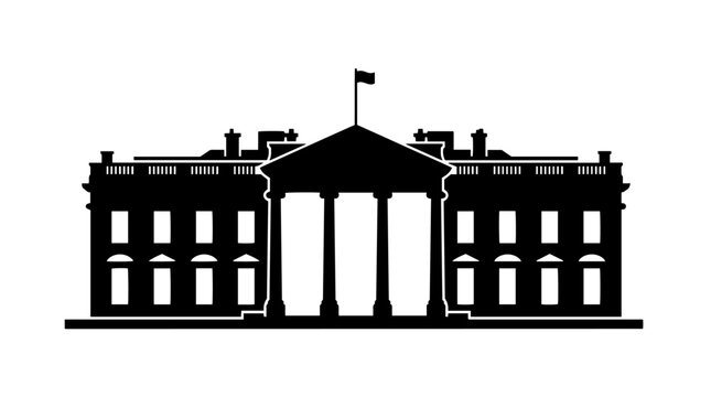 Vector silhouette of White House with columns, pediment, wings, and flag, iconic American government architectural landmark art