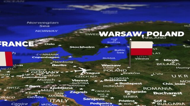 Flight From Paris FRANCE to Warsaw POLAND with flag pins