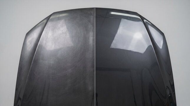 Car hood showing impressive before and after paint correction results.