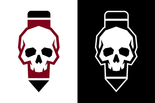 Edgy Skull Pencil Logo Vector, Modern Creative Writing, Art Studio, Graphic Design, and Tattoo Shop Icon