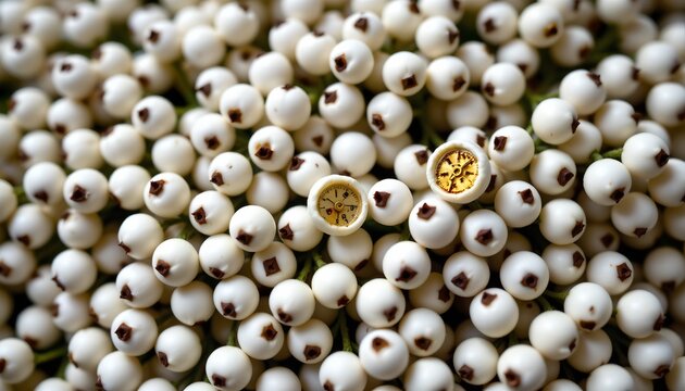 The image features a collection of white spherical objects with small dark centers, densely packed together