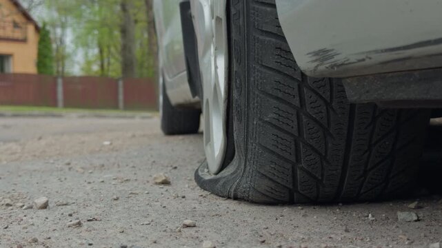 Suburban driveway with punctured vehicle tire. Morning scene showing car tire issue near neighborhood curb