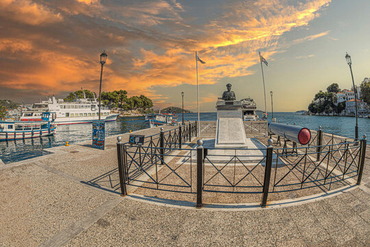 Skiathos, Sporades islands, Greece - August 20, 2023: Monument of Lieutenant General Vassilis Laskos from old port of Skiathos, submarine commander of RHS Katsonis (N 16), dead on 14 September 1943.