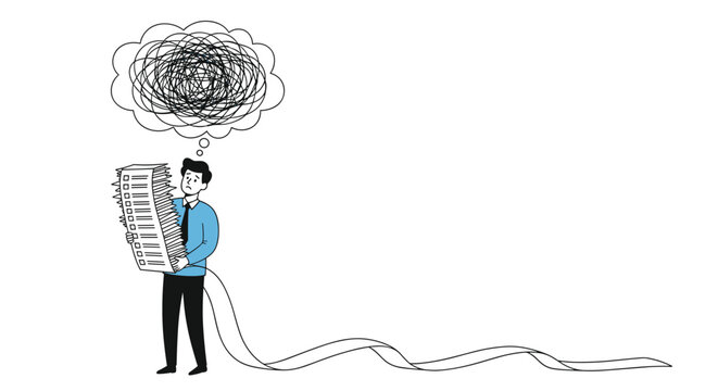 Frustrated man holding a massive stack of paperwork with a long tail stretching across the ground and a confused thought bubble above him.