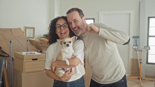 Man and woman hold small dog while man pets dog head next to stacked cardboard boxes and moving dolly inside building; joy new home togetherness.