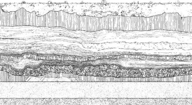 Detailed black and white cross section of geological strata layers with varied textures and patterns