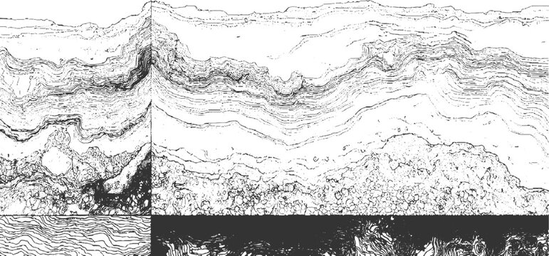 Black and white textured abstract representation of geological strata and rock formations