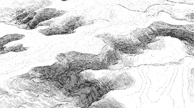 Detailed black and white topographic map contour lines showing mountainous terrain and valleys topography