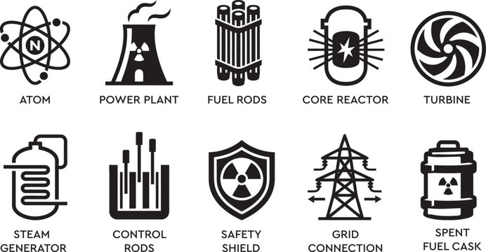 Comprehensive Nuclear Power Plant and Atomic Energy Icon Set