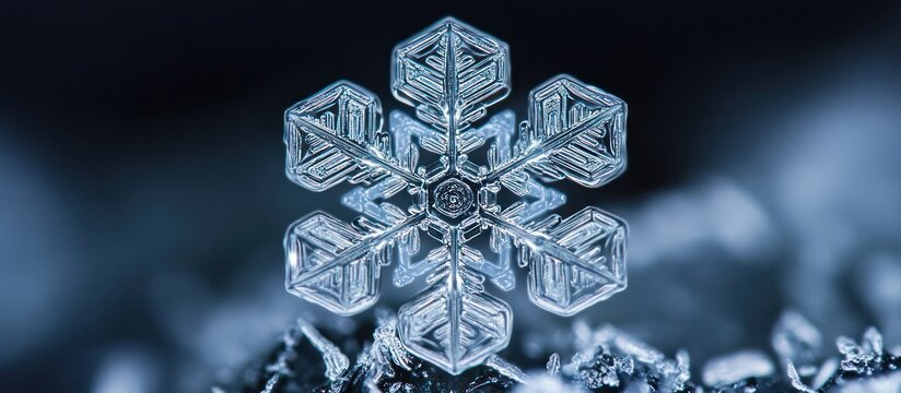 A detailed close-up of a snowflake with a intricate, six-pointed design.