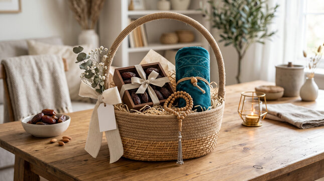 Eid al-Adha gift hamper with dates and prayer beads, islamic holiday greeting concept