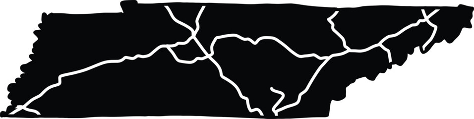 Tennessee state map silhouette with major river and road network pathways, black and white vector icon of US geographic border © Farhan