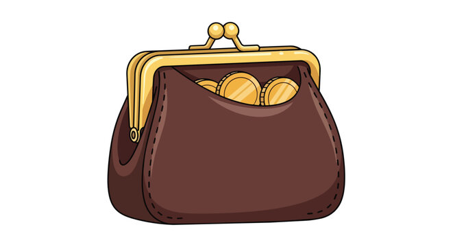 Vintage Brown Leather Coin Purse with Gold Coins Illustration Isolated on White Background for Finance Savings and Wealth Concepts