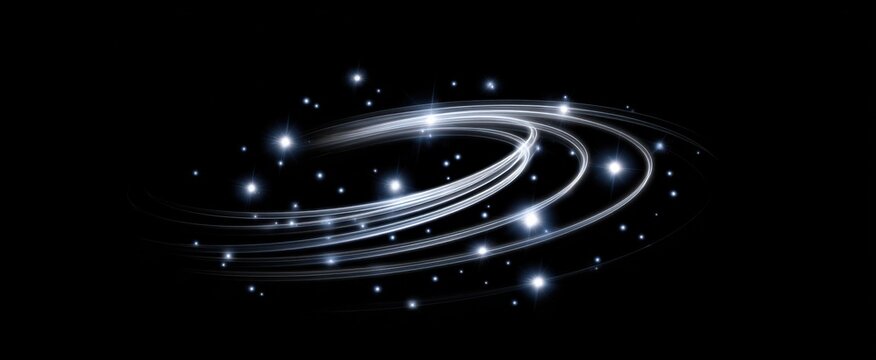 Silver spiral abstract luminous light streaks shimmer with cosmic silver dust particles.