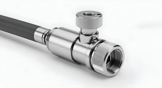 Close-up of a silver metal valve with a knurled knob and cable on a white background