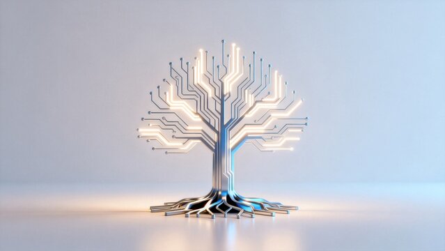 Artificial tree with glowing circuit design