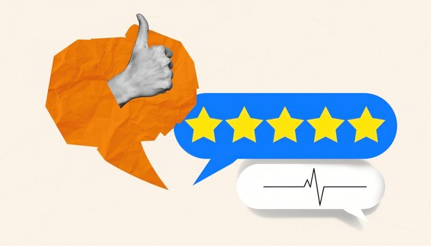 Collage of a thumbs up gesture, five stars rating and a heartbeat line