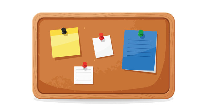 Wooden corkboard illustration with colorful sticky notes and push pins for office organization and reminders