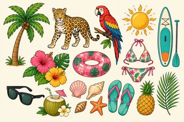 Naklejka premium Vibrant tropical summer doodle collection with coconut tree leopard parrot and holiday icons.