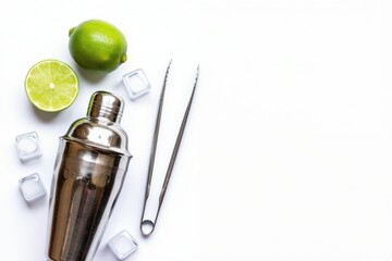 Obraz premium Cocktail shaker lime and ice cubes arranged on white table. Bartender tools for mixing drinks. Fresh citrus and frozen water for bar preparation.