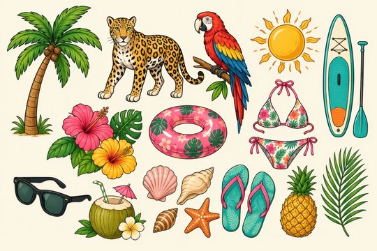 Vibrant tropical summer doodle collection with coconut tree leopard parrot and holiday icons.