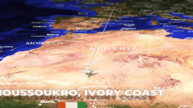 Flight From Paris FRANCE to Yamoussoukro IVORY COAST with flag pins