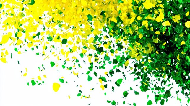 Vibrant Yellow and Green Flying Particles on White Background
