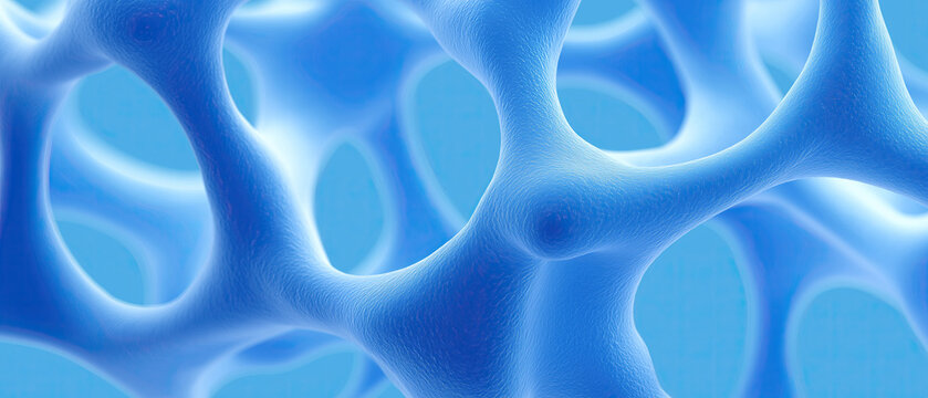 Soft blue organic cellular foam network forms an interconnected three-dimensional abstract structure.