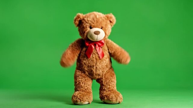 Plush teddy bear performing rhythmic dance on green screen chroma key in premium cinematic steady cam style for toy marketing
