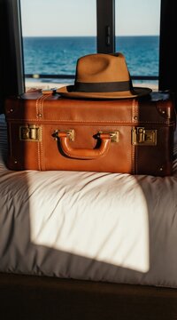 Brown leather suitcase and fedora hat rest on hotel bed. Ocean view seen through window. Sunlight casts shadows across white sheets. Vacation begins.
