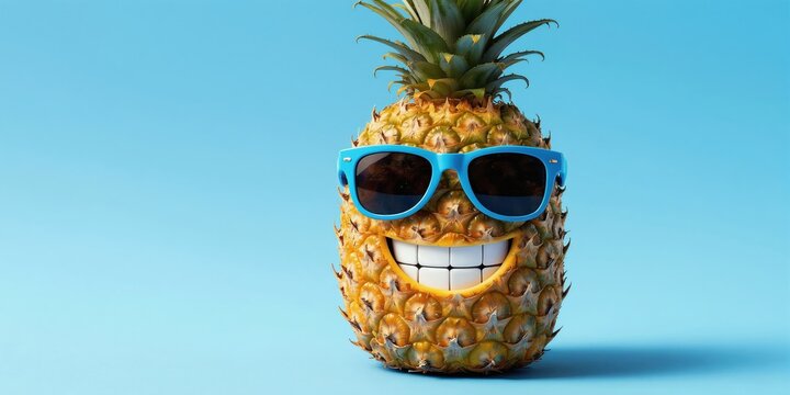 Funny pineapple wearing blue sunglasses grins widely against a plain blue backdrop. This tropical fruit character embodies a cheerful summer holiday mood, perfect for fun and vibrant designs.