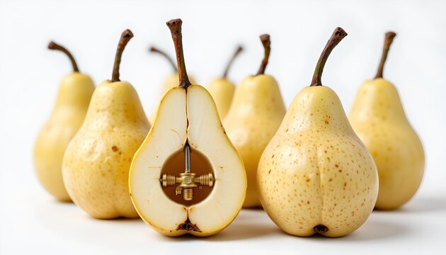 The image features seven pears arranged in a group, with one pear cut in half revealing its core and seeds
