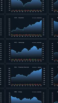 Charts up and down, line graph, stock market and exchange data, trading screen. Investment, business, financial market, analyzing, growth, wealth. 3D animation
