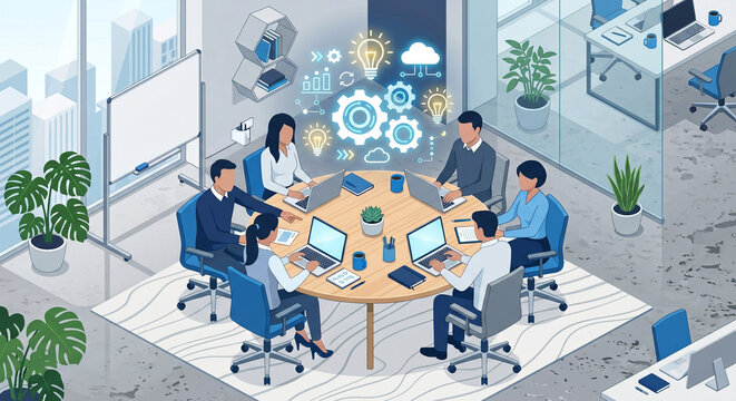 Team collaboration and brainstorming in office, business startup isometric vector.