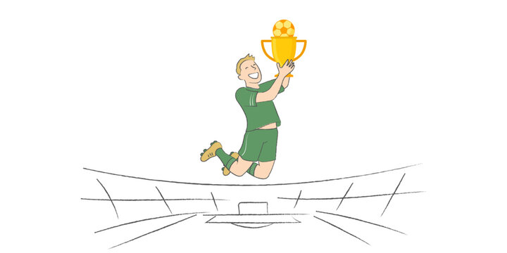 Illustration of a soccer player jumping with joy while holding a golden trophy in a stadium. Captures excitement, achievement, and winning moment in a playful, minimal style.