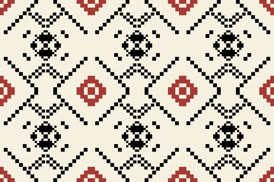 Slavic Folk Art Seamless Pattern, Traditional Red and Black Geometric Pixel Cross-Stitch Embroidery Background for Textiles, Fabric, Wallpaper, Tribal Ethnic Ornament Vector Illustration